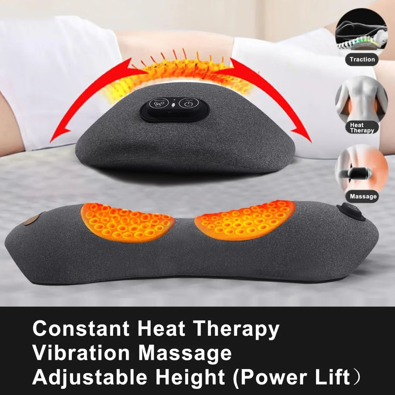 Triple Fusion Back Massager, Electric Lumbar Support Pillow Heat Vibration Massage Lower Back Spine Decompression Device, for Pain Relief Deep Tissue