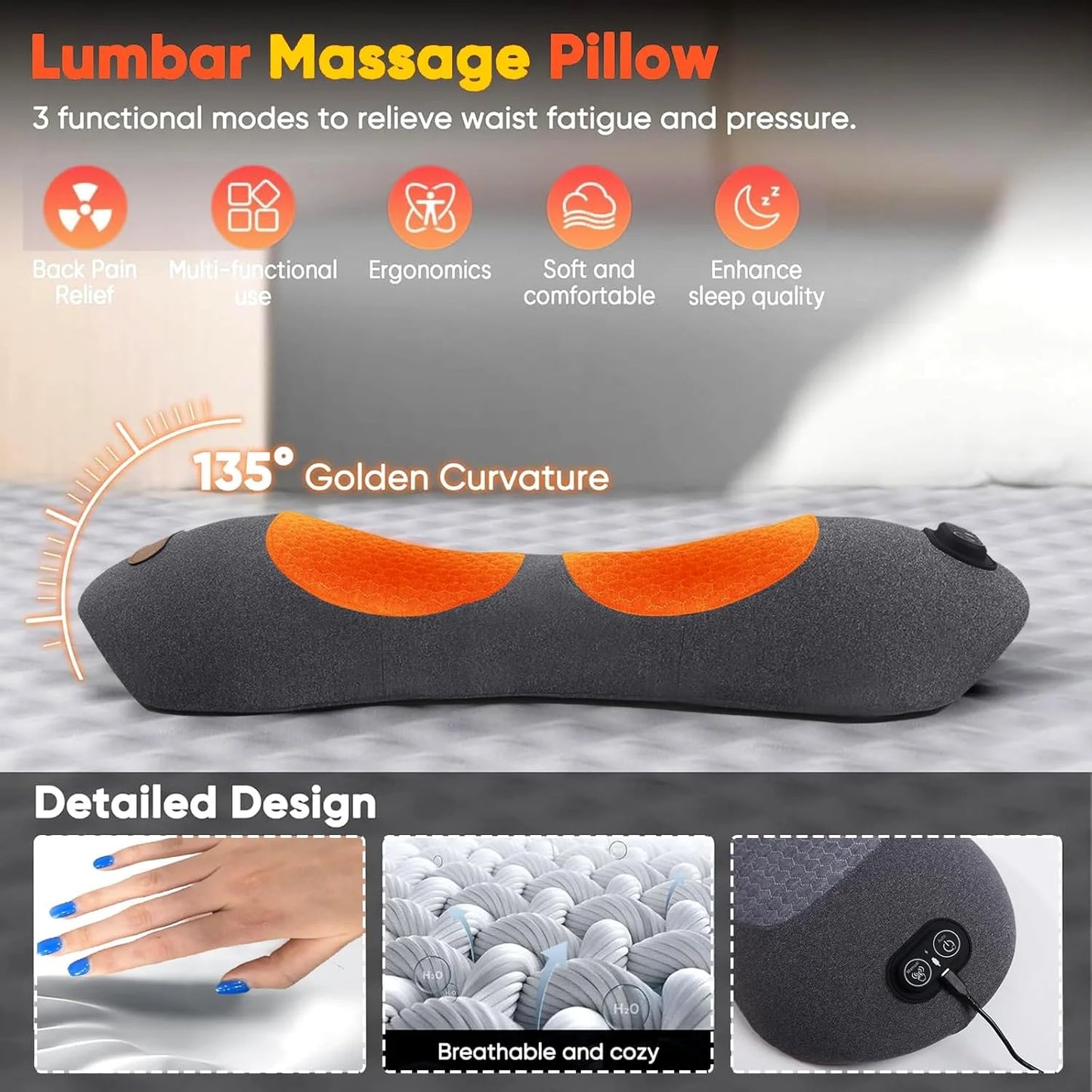 Triple Fusion Back Massager, Electric Lumbar Support Pillow Heat Vibration Massage Lower Back Spine Decompression Device, for Pain Relief Deep Tissue