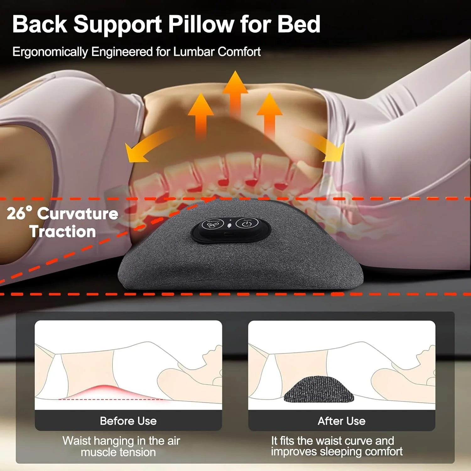 Triple Fusion Back Massager, Electric Lumbar Support Pillow Heat Vibration Massage Lower Back Spine Decompression Device, for Pain Relief Deep Tissue